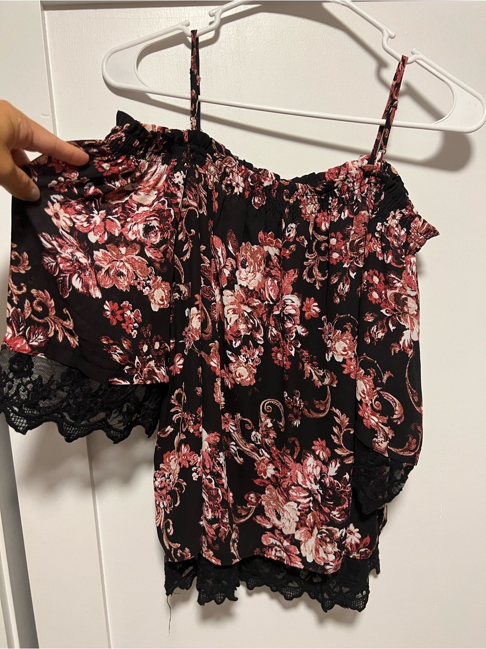 Iz Byer Black Off-Shoulder Tunic with Pink Floral Print